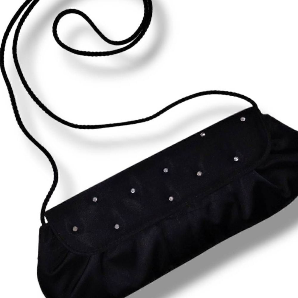 Preston & York Evening Bag Black‎ Satin Rhinestones Rectangle Shoulder Strap